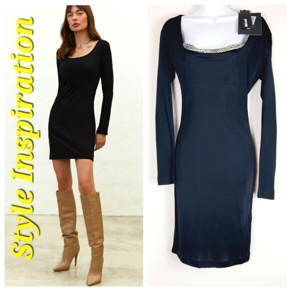 Just Cavalli Black Square Neck Bodycon Dress Animal Print Neckline Size S NWT